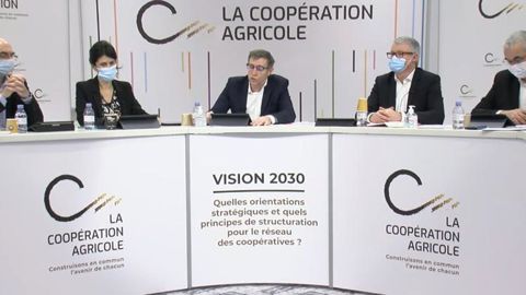 Visioconférence de LCA le 14 janvier pour présenter sa « Vision 2030 » avec, de g. à dr., Arnaud Degoulet, vice-président LCA, Florence Pradier, DG, Dominique Chargé, président, Jean-François Loiseau et Jean-Pierre Arcoutel, membres du conseil d’administration.